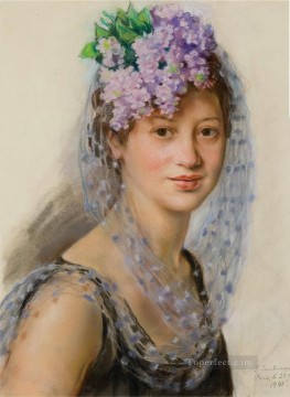 Berthe Lienzo - Retrato de Berthe Popoff con un tocado floral, 1941, ruso.